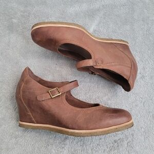 Earth 9.5 brown mary jane wedge‎ heel leather boden almond color earthy boho